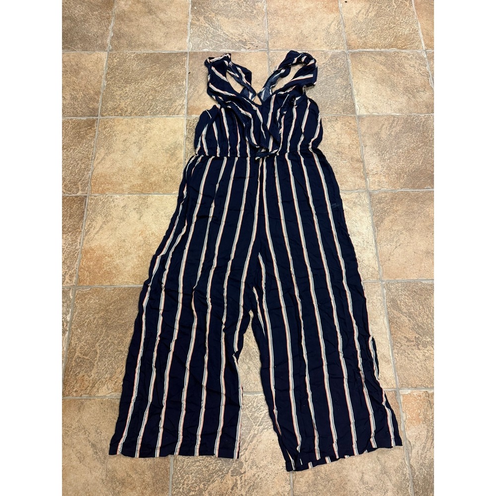 Navy Blue Striped Wide Leg Jumpsuit Ruffle V-Neck Cross Back Summer Romper